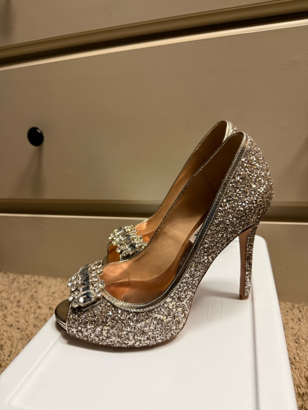 Badgley Mischka Rose Gold Glitter Peep-Toe Pumps with Crystal Accent